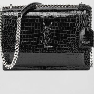 Sunset Medium YSL Crossbody Bag in Croc-Embossed Leather
